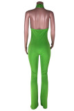 Green Sexy Solid Hollowed Out Patchwork Halter Regular Jumpsuits