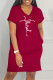 Burgundy Casual Print Basic V Neck Short Sleeve Dress