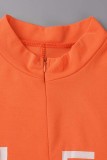 Orange Casual Letter Patchwork Basic Zipper Collar Skinny Romper