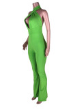 Green Sexy Solid Hollowed Out Patchwork Halter Regular Jumpsuits