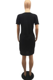 Blue Casual Print Basic V Neck Short Sleeve Dress