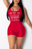 Red Casual Sportswear Solid Patchwork Hot Drill U Neck Skinny Rompers
