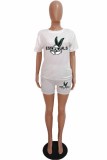 White Casual Character Print Letter O Neck Short Sleeve Two Pieces