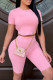 Pink Casual Solid Frenulum Backless O Neck Short Sleeve Two Pieces