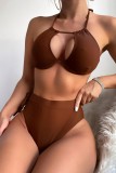 Coffee Sexy Solid Hollowed Out Backless Swimwears (With Paddings)