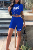 Blue Casual Sportswear Print Bandage Patchwork O Neck Short Sleeve Two Pieces