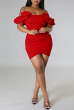 Red Sexy Solid Patchwork Asymmetrical Off the Shoulder Pencil Skirt Dresses