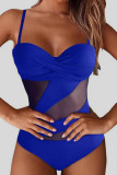 Tibetan Blue Sexy Solid Bandage Patchwork See-through Backless Swimwears