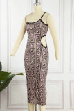 Black Sexy Print Hollowed Out Backless One Shoulder Sling Dress Dresses