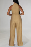 Blue Casual Solid Patchwork Slit O Neck Straight Jumpsuits
