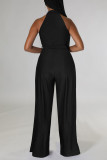 Blue Casual Solid Patchwork Slit O Neck Straight Jumpsuits