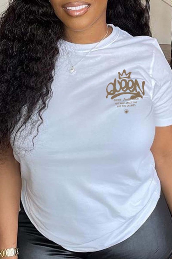 White Casual Letter Print Basic O Neck T-Shirts