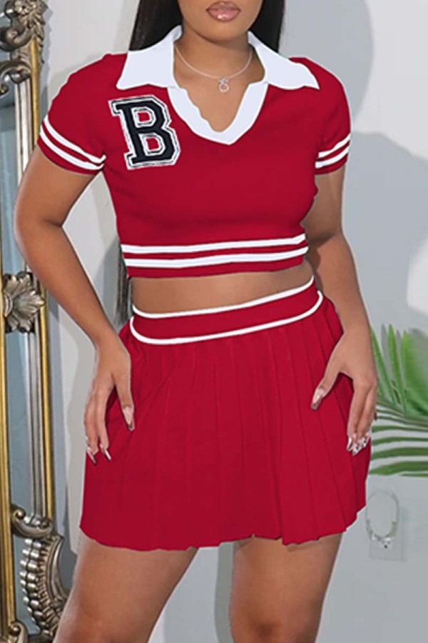 Red Casual Letter Patchwork Fold Turndown Collar Short Sleeve Two Pieces