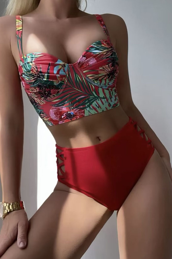 Red Sexy Print Patchwork Swimwears