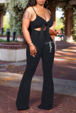 Blue Sexy Print Hollowed Out Patchwork Spaghetti Strap Boot Cut Jumpsuits