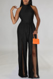 Blue Casual Solid Patchwork Slit O Neck Straight Jumpsuits