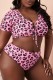 Pink Sexy Print Leopard Bandage O Neck Plus Size Swimwear (With Paddings)