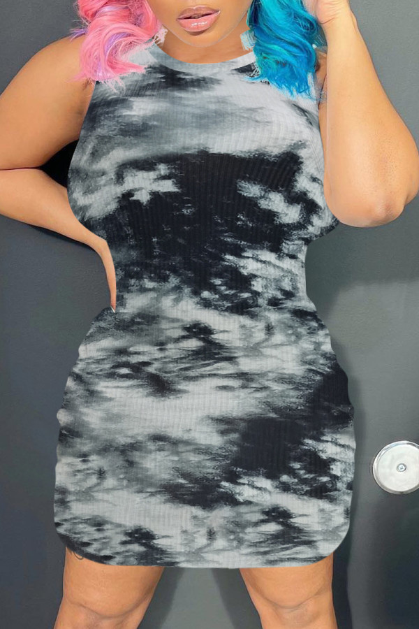 Black Casual Print Tie Dye Basic O Neck Sleeveless Dress Dresses