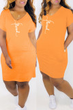 Pink Fashion Casual Print Basic V Neck Short Sleeve Dress