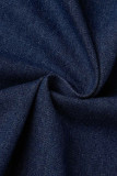 Dark Blue Casual Solid Ripped Patchwork Buckle Turndown Collar Sleeveless High Waist Regular Denim Dresses