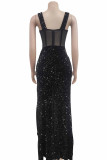 Red Sexy Patchwork Hot Drilling Backless Slit Spaghetti Strap Long Dress Dresses
