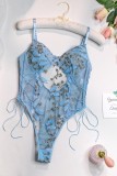Light Blue Sexy Patchwork Embroidery See-through Backless Lingerie
