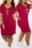 Pink Fashion Casual Print Basic V Neck Short Sleeve Dress