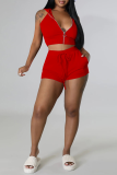 Red Sexy Solid Zipper Hooded Collar Sleeveless Two Pieces