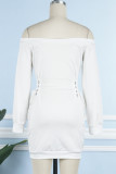 White Casual Solid Frenulum Off the Shoulder Long Sleeve Dresses