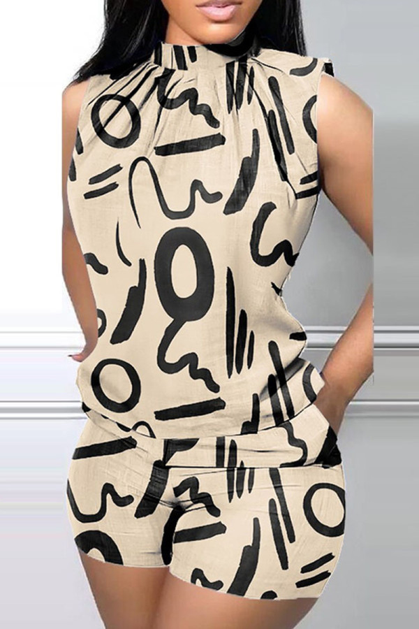Apricot Casual Print Basic Half A Turtleneck Sleeveless Two Pieces