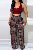 Burgundy Sexy Casual Print Patchwork U Neck Sleeveless Two Pieces