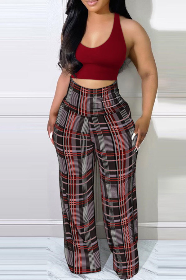Burgundy Sexy Casual Print Patchwork U Neck Sleeveless Two Pieces