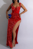 Red Sexy Patchwork Hot Drilling Backless Slit Spaghetti Strap Long Dress Dresses