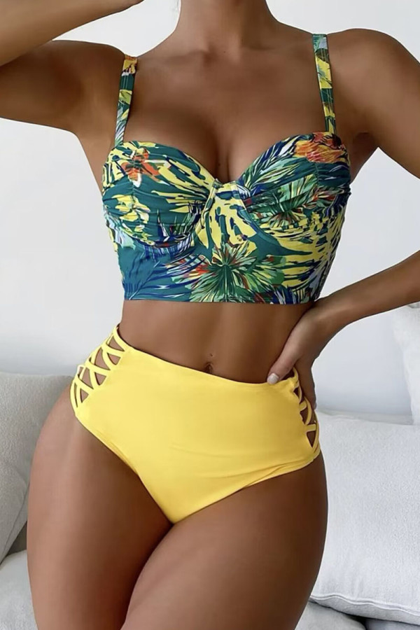 Yellow Sexy Print Patchwork Swimwears