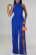 Blue Casual Solid Patchwork Slit O Neck Straight Jumpsuits