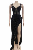 Red Sexy Patchwork Hot Drilling Backless Slit Spaghetti Strap Long Dress Dresses