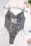 Grey Sexy Patchwork Embroidery See-through Backless Lingerie