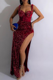 Red Sexy Patchwork Hot Drilling Backless Slit Spaghetti Strap Long Dress Dresses