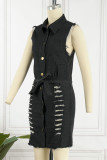 Black Casual Solid Ripped Patchwork Buckle Turndown Collar Sleeveless High Waist Regular Denim Dresses