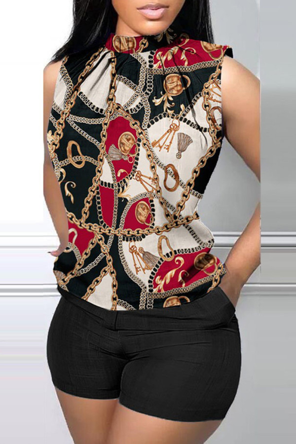 Black Casual Print Basic Half A Turtleneck Sleeveless Two Pieces