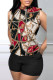 Black Casual Print Basic Half A Turtleneck Sleeveless Two Pieces