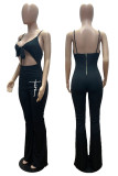 Blue Sexy Print Hollowed Out Patchwork Spaghetti Strap Boot Cut Jumpsuits