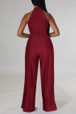 Blue Casual Solid Patchwork Slit O Neck Straight Jumpsuits