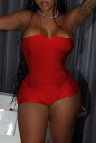 Red Sexy Solid Backless Spaghetti Strap Skinny Romper