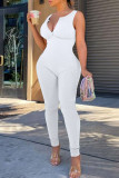 White Casual Sportswear Solid Patchwork U Neck Skinny Jumpsuits