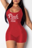 Red Casual Letter Backless Hot Drill U Neck Rompers