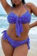 Blue Sexy Print Bandage Backless Halter Plus Size Swimwear (With Paddings)