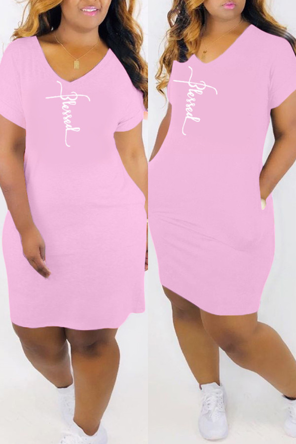 Pink Fashion Casual Print Basic V Neck Short Sleeve Dress