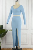 Light Blue Sexy Solid Patchwork Slit U Neck Long Sleeve Two Pieces