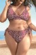 Burgundy Sexy Print Bandage Backless V Neck Plus Size Swimwear (With Paddings)